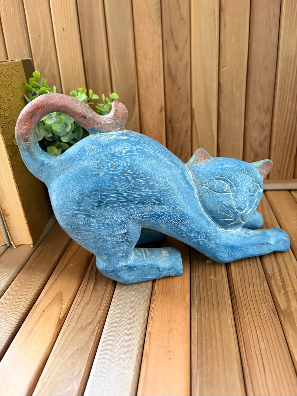 Pier One Imports Vintage Stretching Blue Cat Sculpture, Playful Kitty Statue